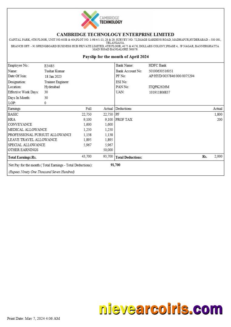 Cambridge Technology Enterprises payslip